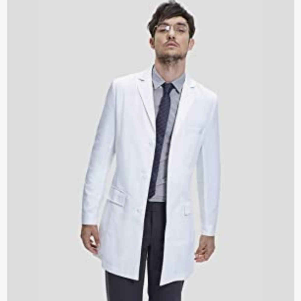 Dr. James Consultation Lab Coat Men, Slim Fit, Multiple Pockets, White, 36 Inch